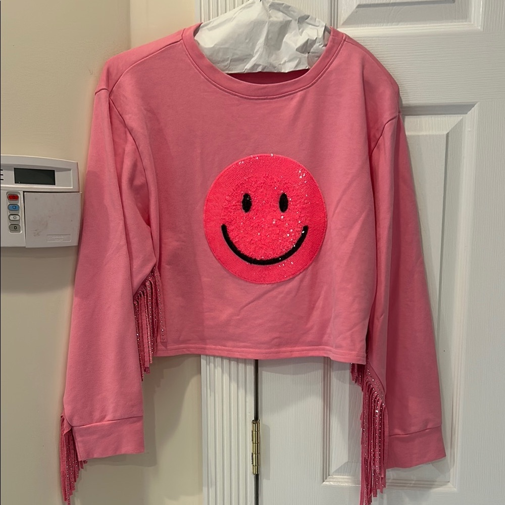 Pink Smiley Face long sleeve Fringe Top